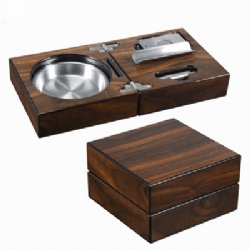 High glossy folding wood Cigar Ashtray with Cigar cutter and punch